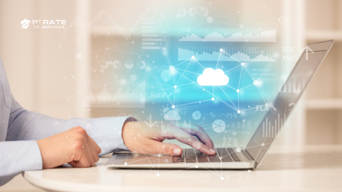 A business professional using a laptop with a digital cloud data overlay to optimize cloud services and reduce IT costs.