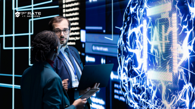 Business executives discussing a Fractional CAIO strategy and AI workflow automation.